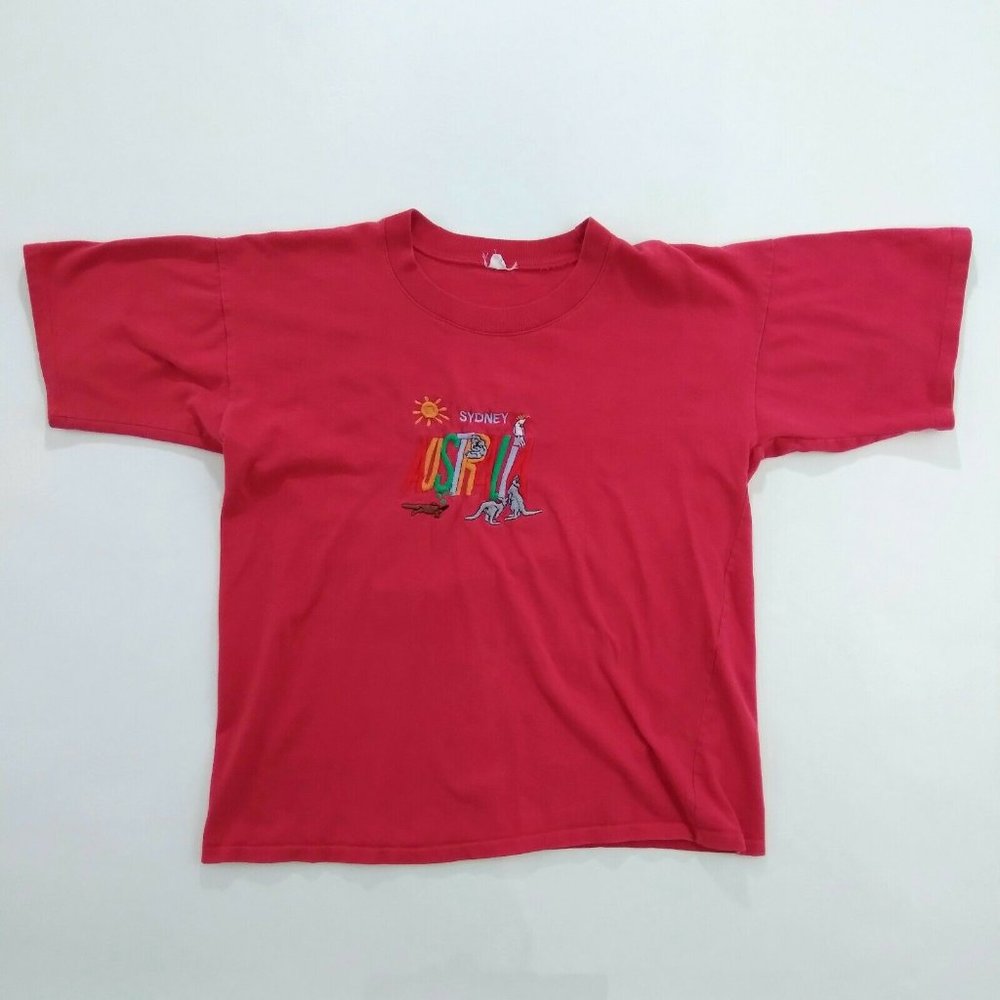 Vintage 90's Sydney Australia T Shirt Size L Red Embroidered Single Stitch